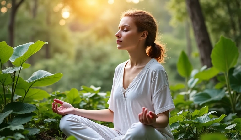 Žena meditira u prirodi okružena biljkama, simbolizirajući mir i zdravlje